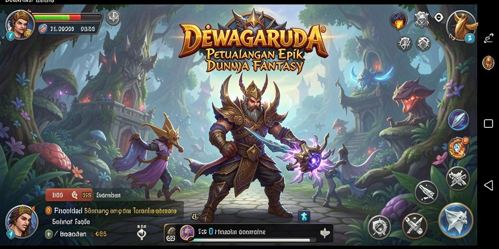 Tangkapan layar utama DEWAGARUDA menampilkan pertempuran epik di dunia fantasi.