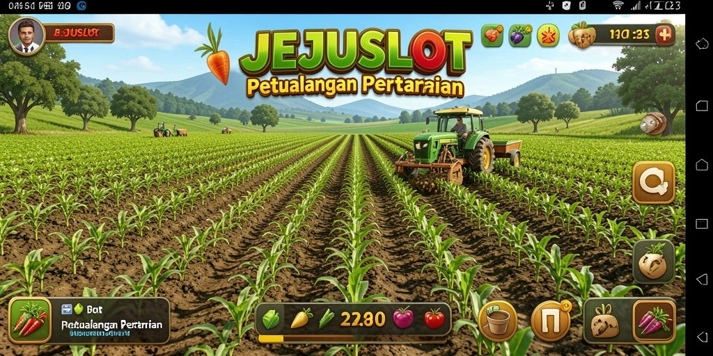 Tampilan gameplay JEJUSLOT yang menampilkan suasana pertanian yang hidup.
