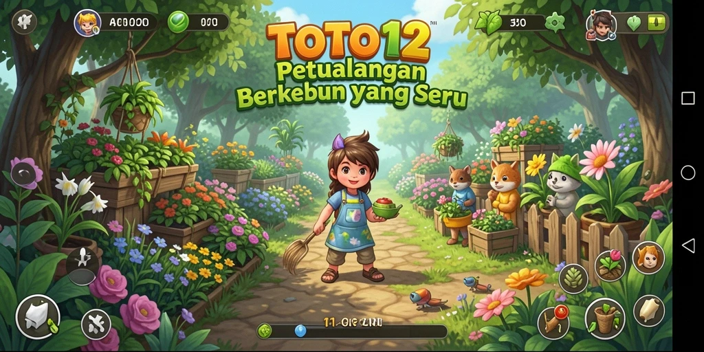 Tampilan gameplay TOTO12 dengan kebun yang rimbun dan hewan peliharaan.