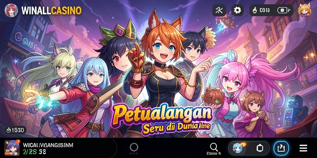 Screenshot gameplay WINALLCASINO menampilkan suasana anime yang dinamis.