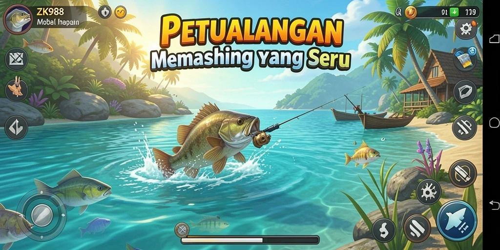 Screenshot gameplay ZK988 yang menunjukkan aksi memancing di lokasi yang indah.